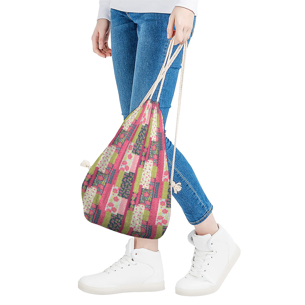 Pink Flower Patchwork Pattern Print Drawstring Bag