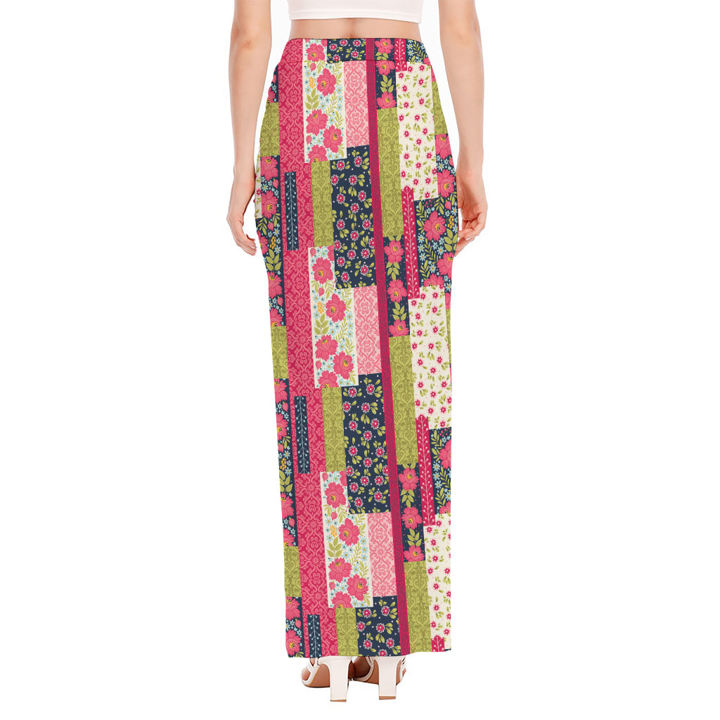 Pink Flower Patchwork Pattern Print High Slit Maxi Skirt