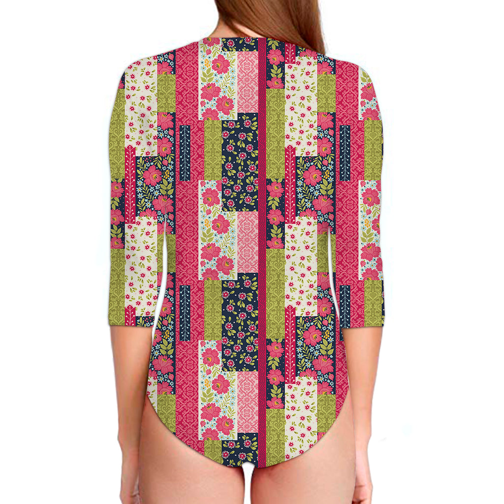 Pink Flower Patchwork Pattern Print Long Sleeve Swimsuit