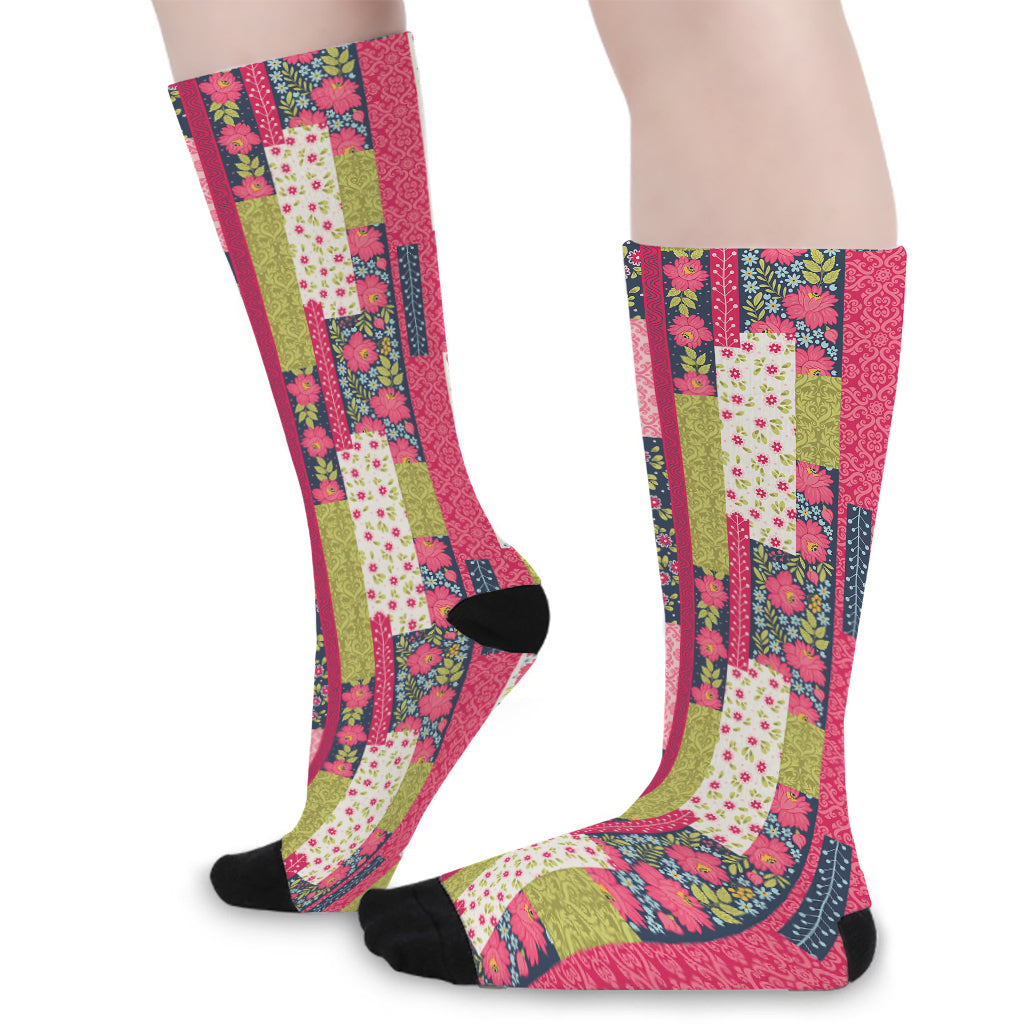 Pink Flower Patchwork Pattern Print Long Socks