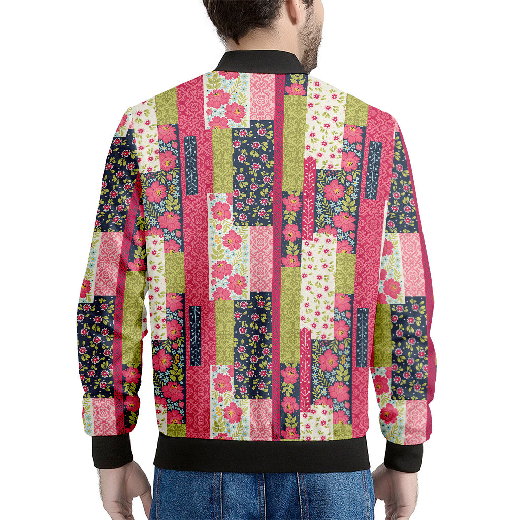 Pink Flower Patchwork Pattern Print Men's Bomber Jacket