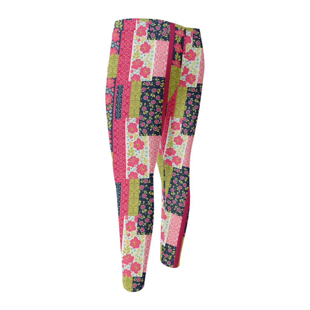 Pink Flower Patchwork Pattern Print Men's Compression Pants
