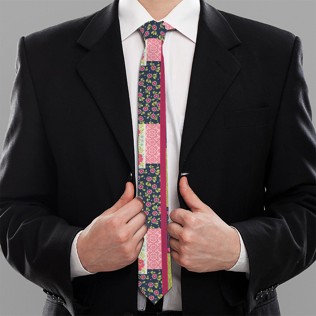 Pink Flower Patchwork Pattern Print Necktie