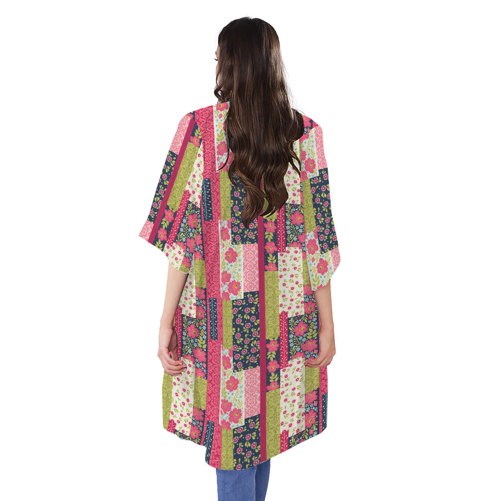 Pink Flower Patchwork Pattern Print Open Front Beach Cover Up
