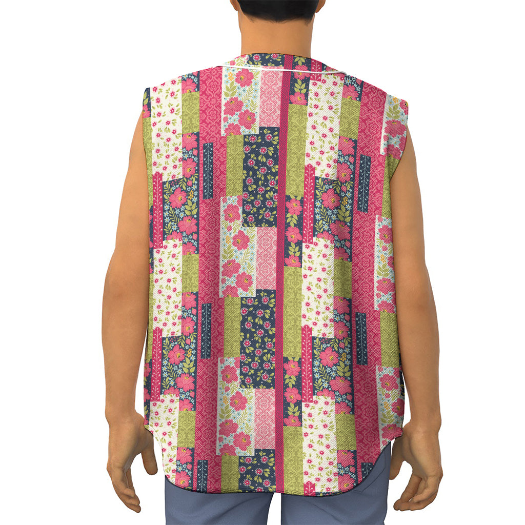 Pink Flower Patchwork Pattern Print Sleeveless Baseball Jersey