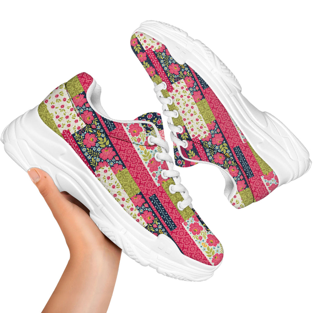 Pink Flower Patchwork Pattern Print White Chunky Shoes