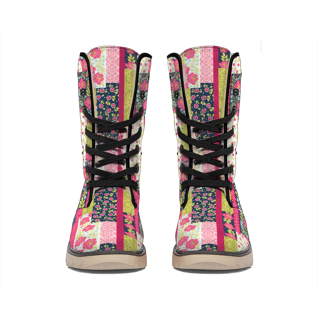 Pink Flower Patchwork Pattern Print Winter Boots