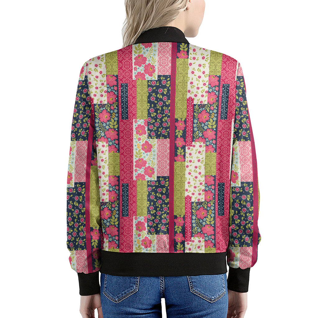Pink Flower Patchwork Pattern Print Women's Bomber Jacket