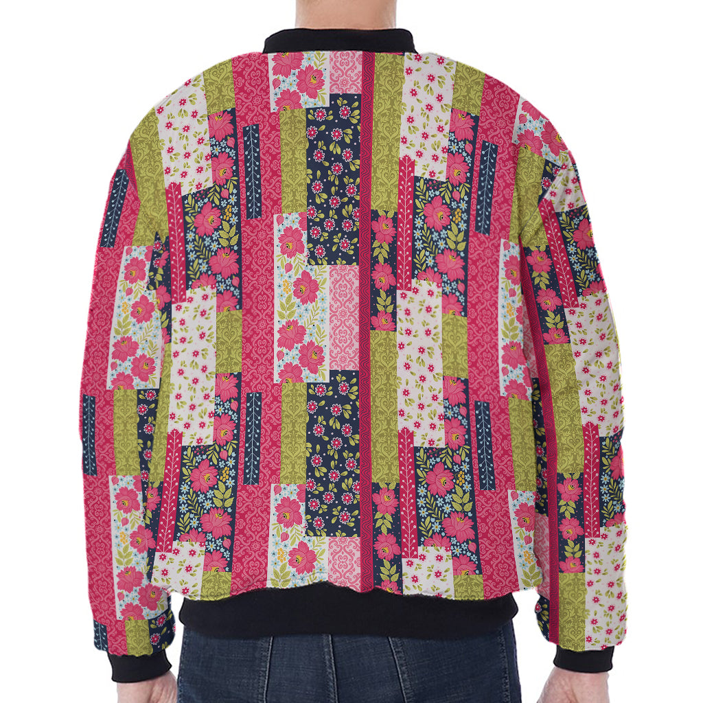 Pink Flower Patchwork Pattern Print Zip Sleeve Bomber Jacket