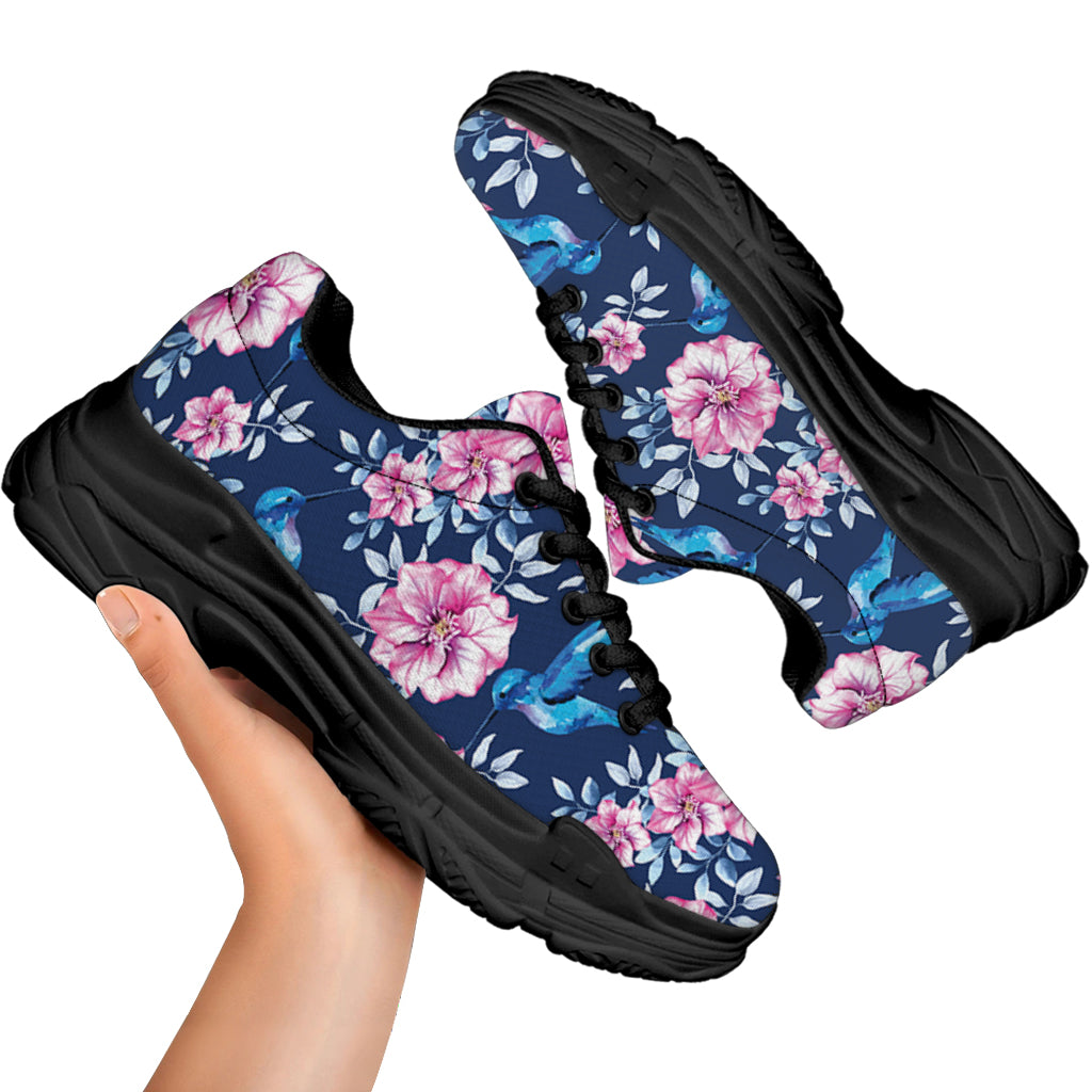 Pink Flowers And Hummingbird Print Black Chunky Shoes