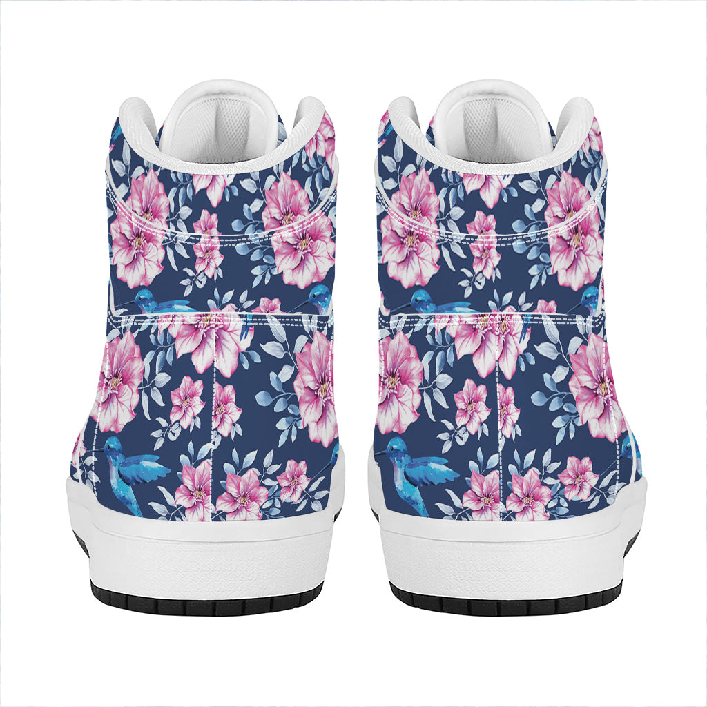 Pink Flowers And Hummingbird Print High Top Leather Sneakers