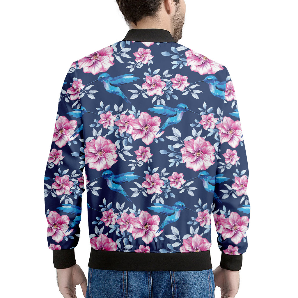 Pink Flowers And Hummingbird Print Men's Bomber Jacket
