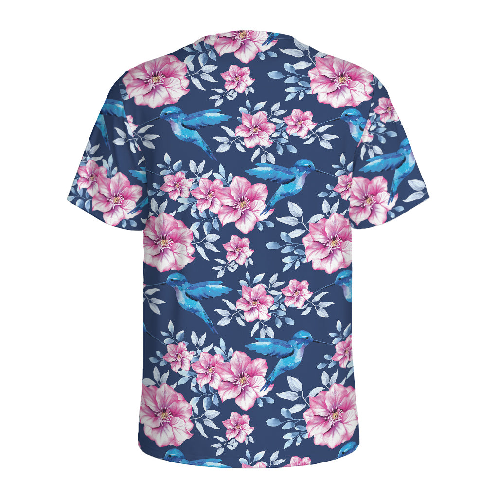 Pink Flowers And Hummingbird Print Men's Sports T-Shirt
