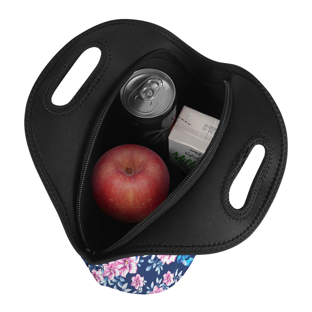 Pink Flowers And Hummingbird Print Neoprene Lunch Bag
