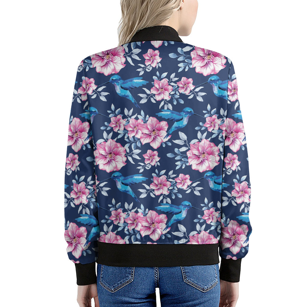 Pink Flowers And Hummingbird Print Women's Bomber Jacket