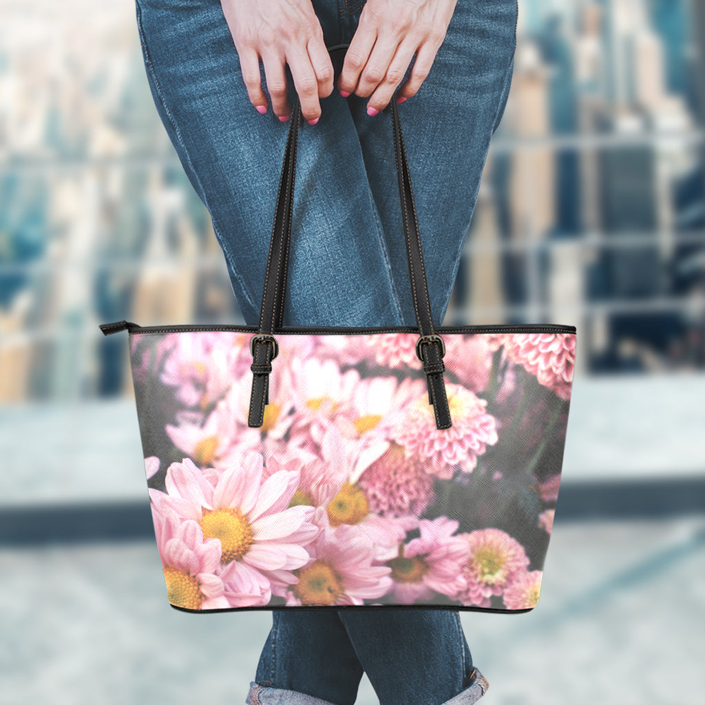 Pink Flowers Print Leather Tote Bag