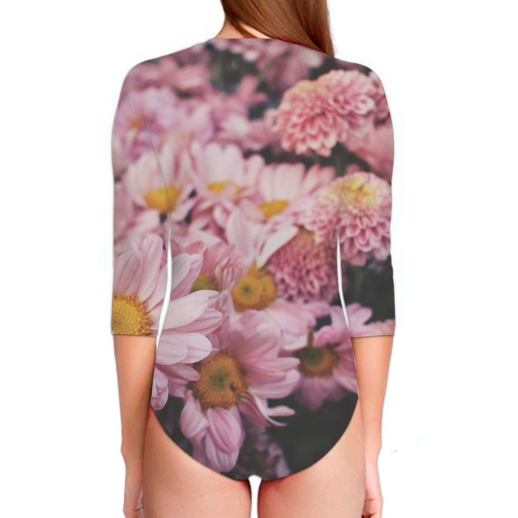 Pink Flowers Print Long Sleeve Swimsuit