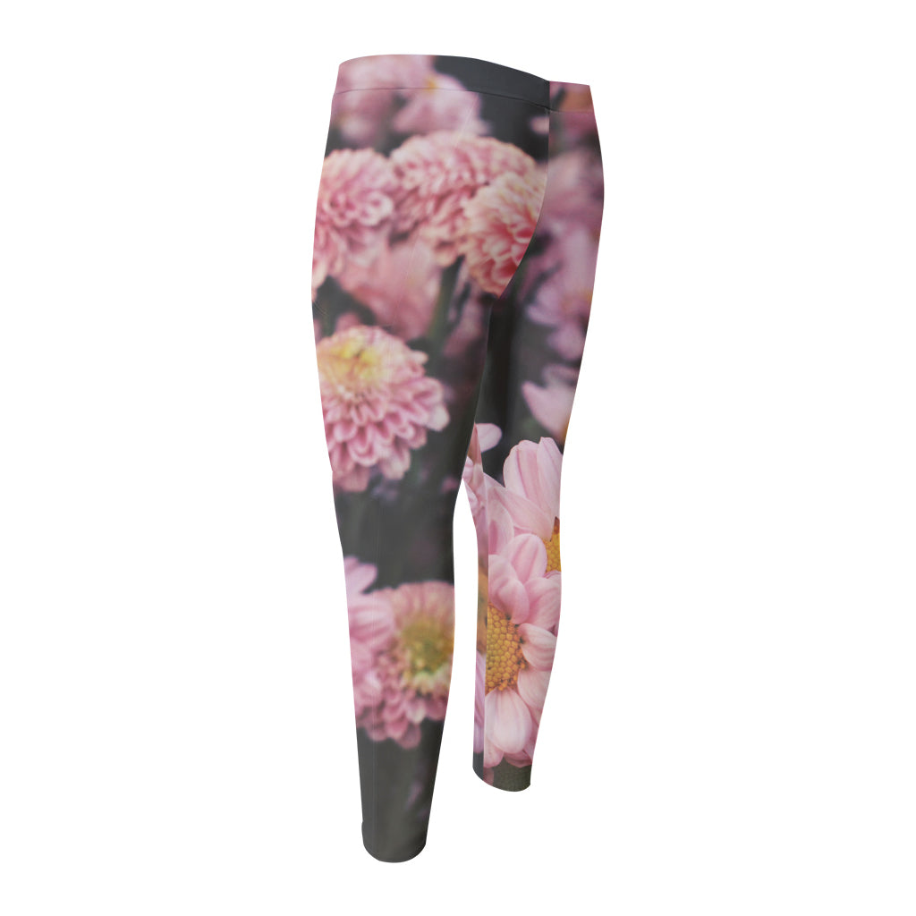 Pink Flowers Print Men's Compression Pants