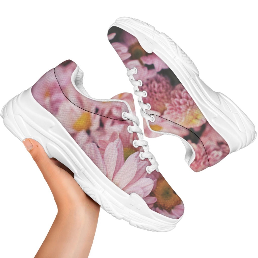 Pink Flowers Print White Chunky Shoes