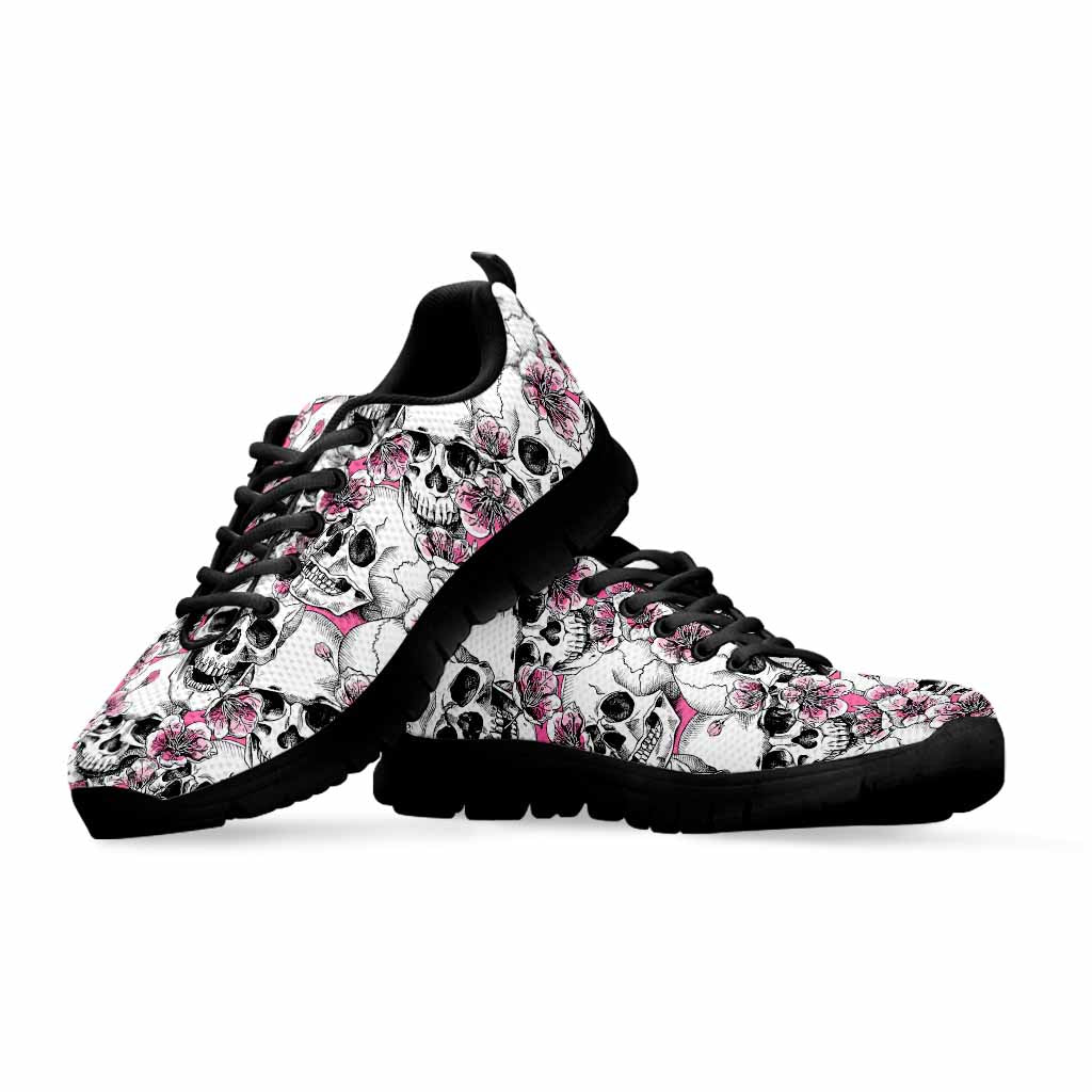 Pink Flowers Skull Pattern Print Black Running Shoes
