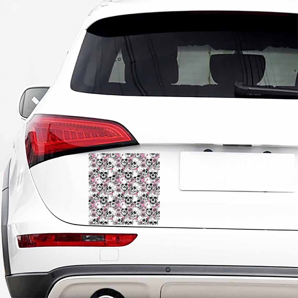 Pink Flowers Skull Pattern Print Car Sticker