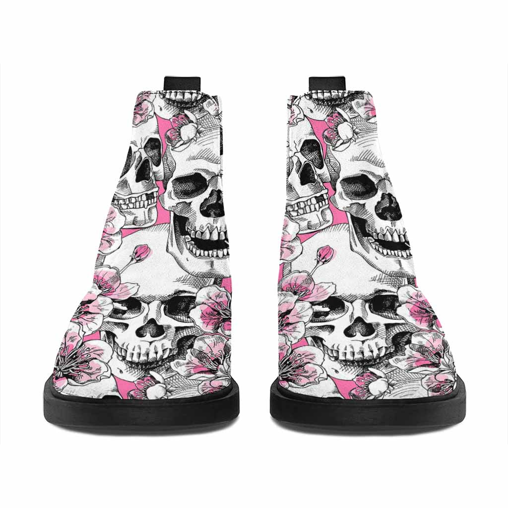 Pink Flowers Skull Pattern Print Flat Ankle Boots