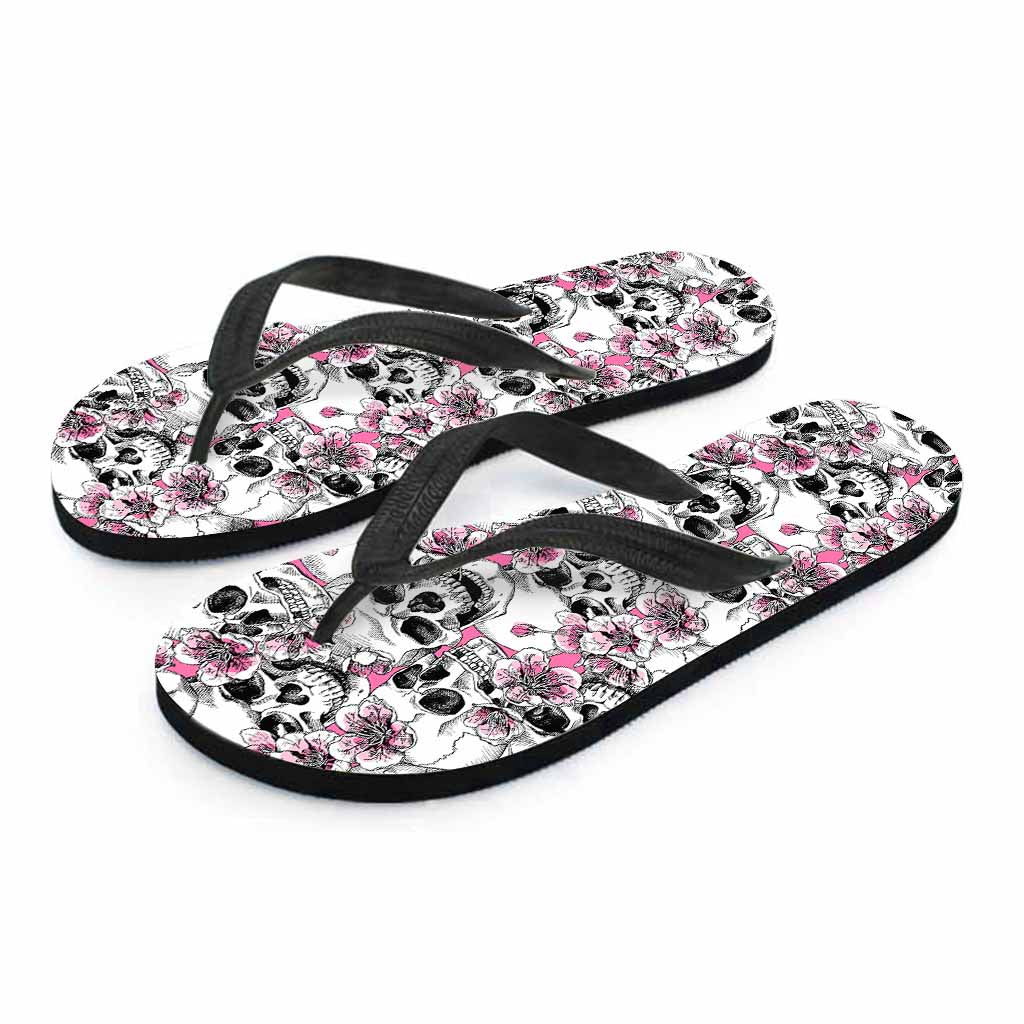 Pink Flowers Skull Pattern Print Flip Flops
