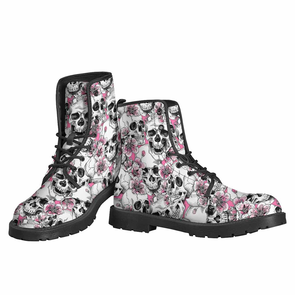 Pink Flowers Skull Pattern Print Backpack