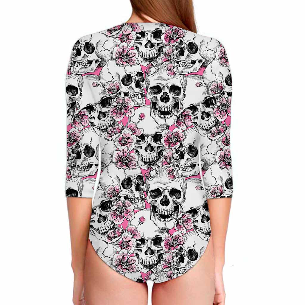 Pink Flowers Skull Pattern Print Long Sleeve Swimsuit