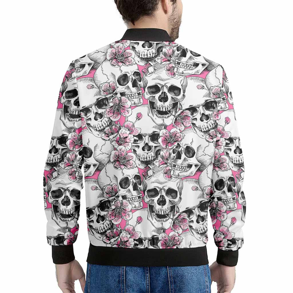 Pink Flowers Skull Pattern Print Men's Bomber Jacket