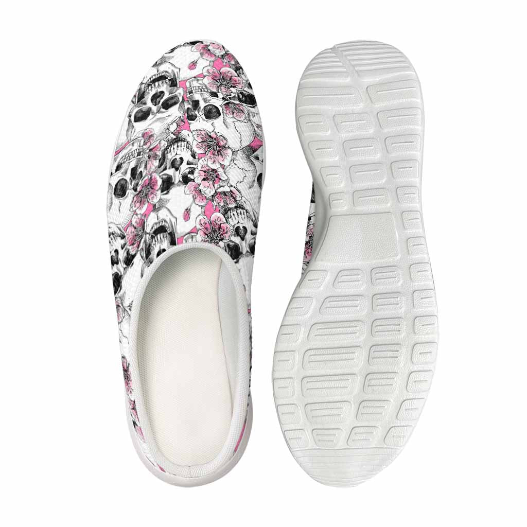 Pink Flowers Skull Pattern Print Mesh Casual Shoes
