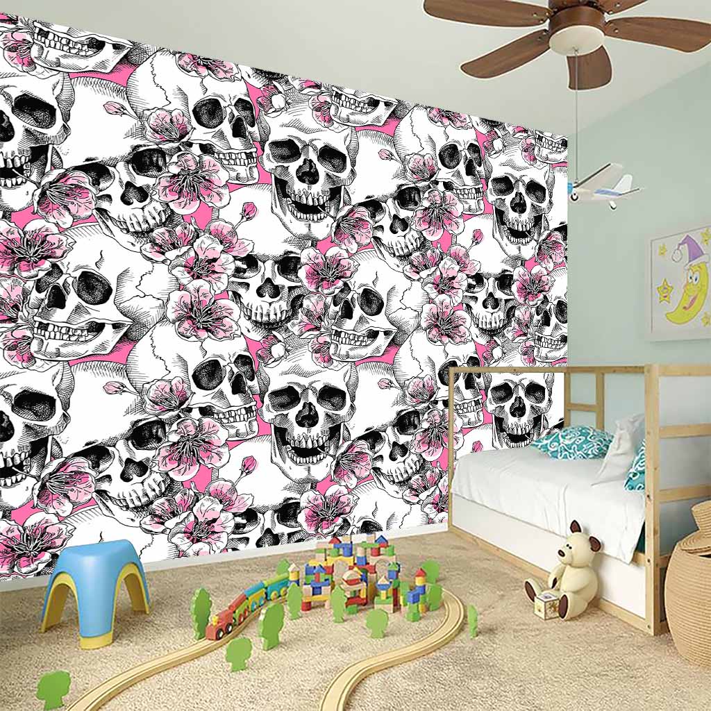 Pink Flowers Skull Pattern Print Wall Sticker