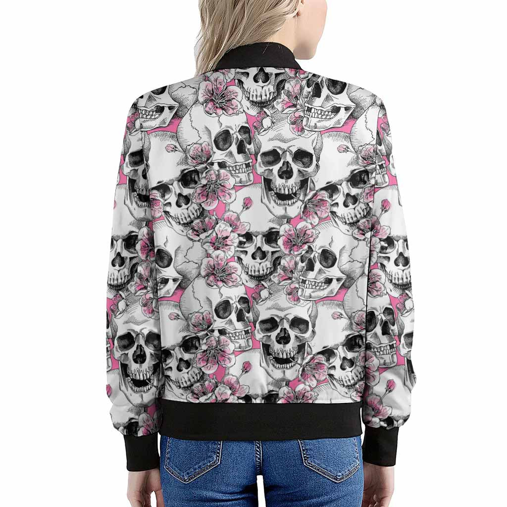 Pink Flowers Skull Pattern Print Women's Bomber Jacket