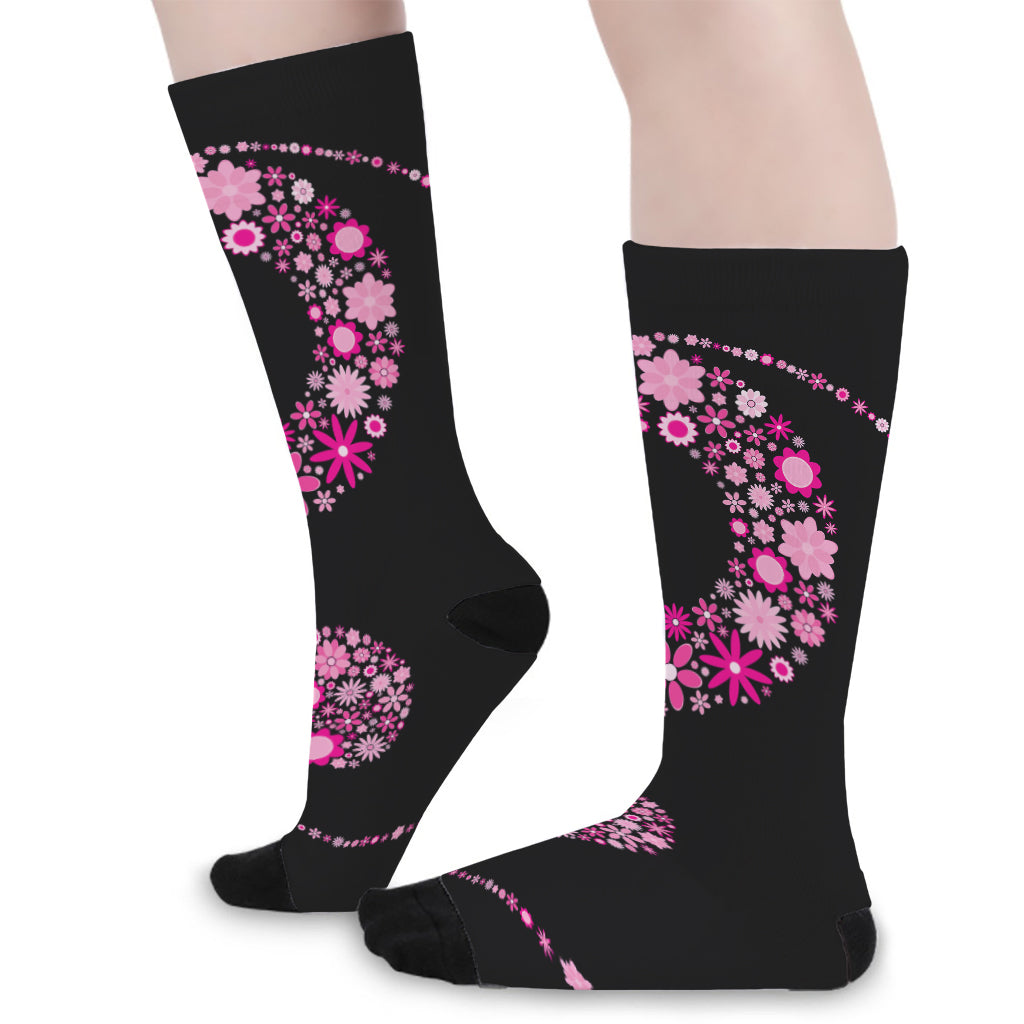 Pink Flowers Yin Yang Print Long Socks