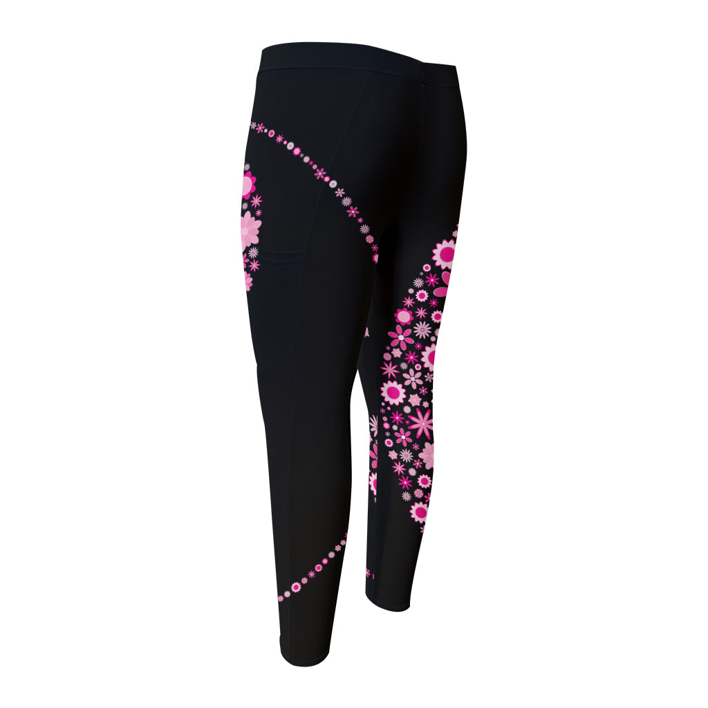 Pink Flowers Yin Yang Print Men's Compression Pants