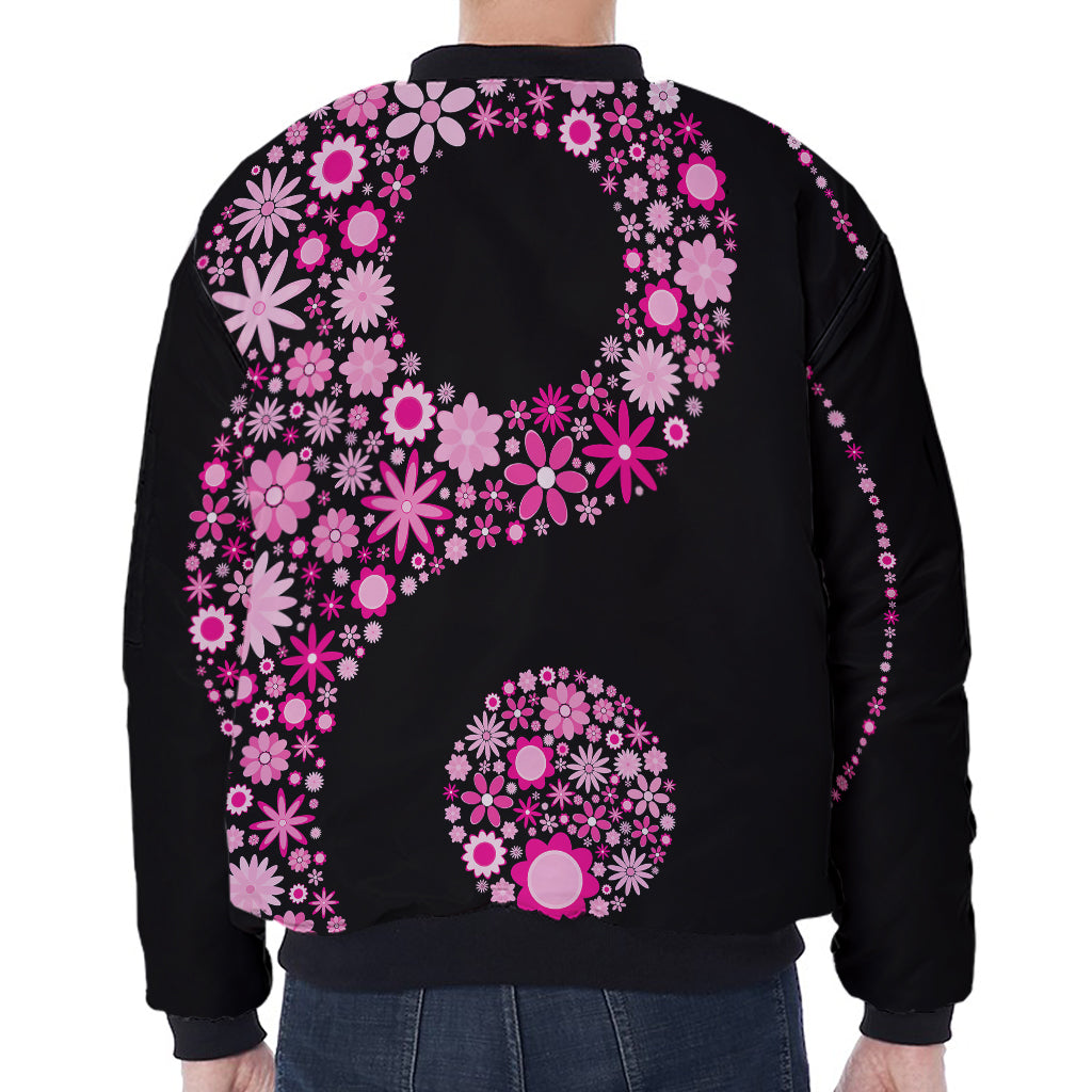 Pink Flowers Yin Yang Print Zip Sleeve Bomber Jacket