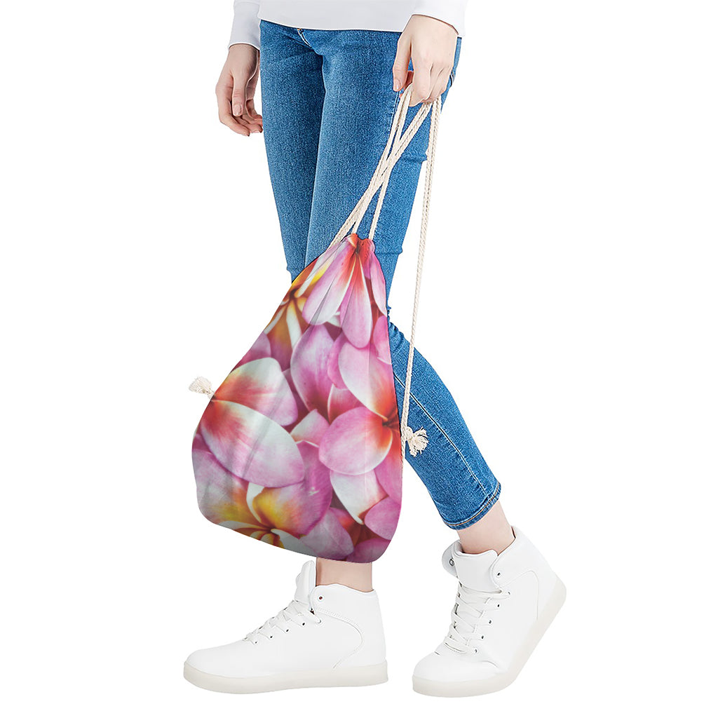 Pink Frangipani Flower Print Drawstring Bag