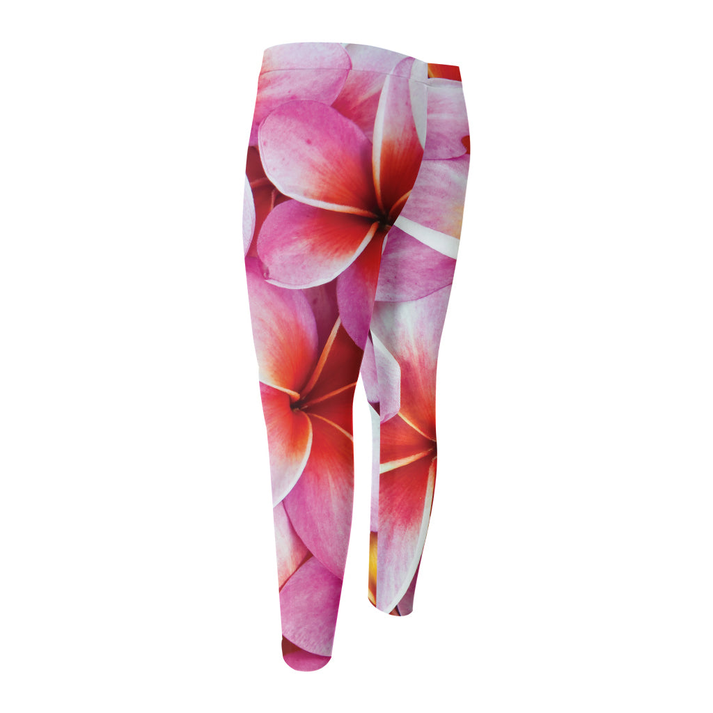 Pink Frangipani Flower Print Men's Compression Pants