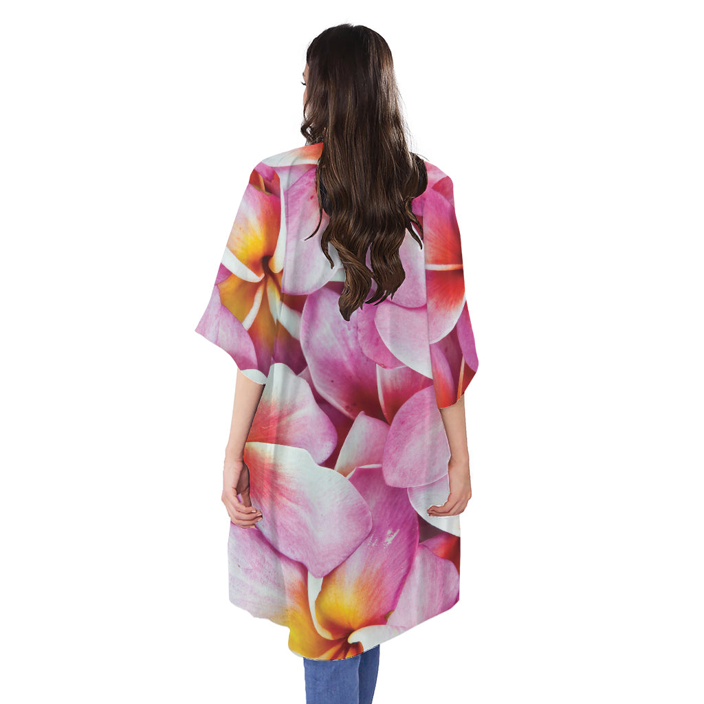 Pink Frangipani Flower Print Open Front Beach Cover Up