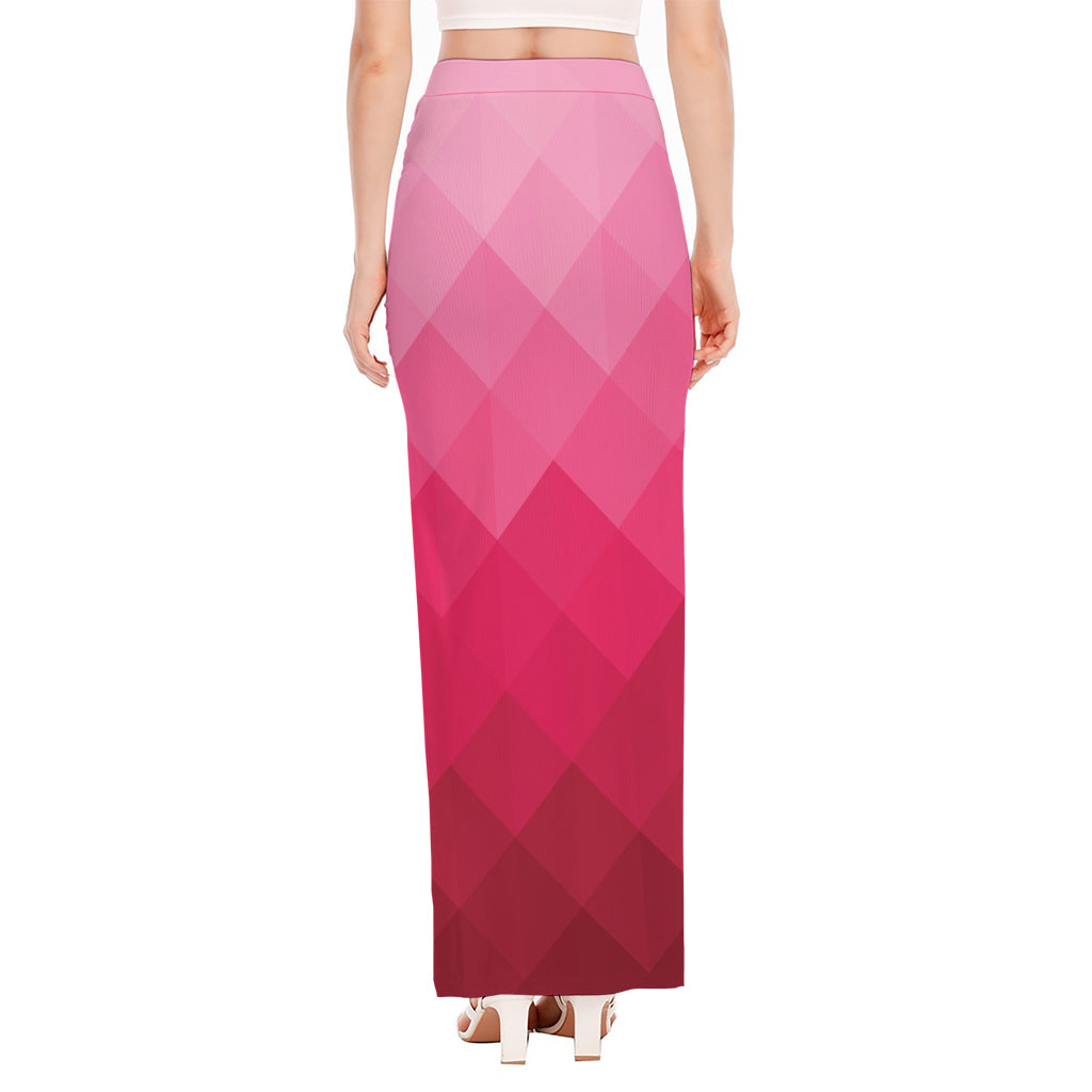 Pink Geometric Square Pattern Print High Slit Maxi Skirt