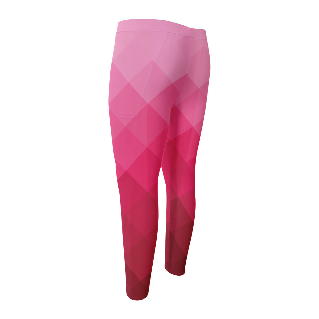 Pink Geometric Square Pattern Print Men's Compression Pants