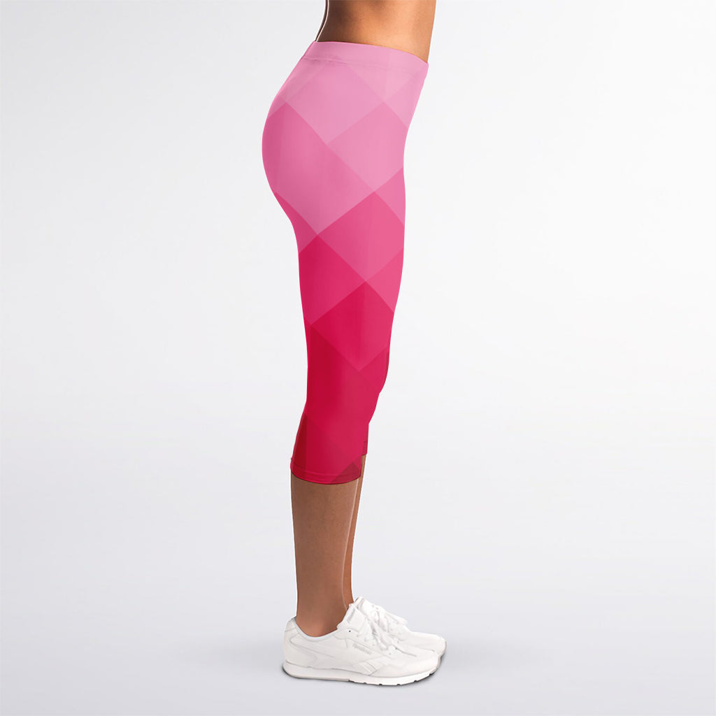 Pink Geometric Square Pattern Print Women's Capri Leggings