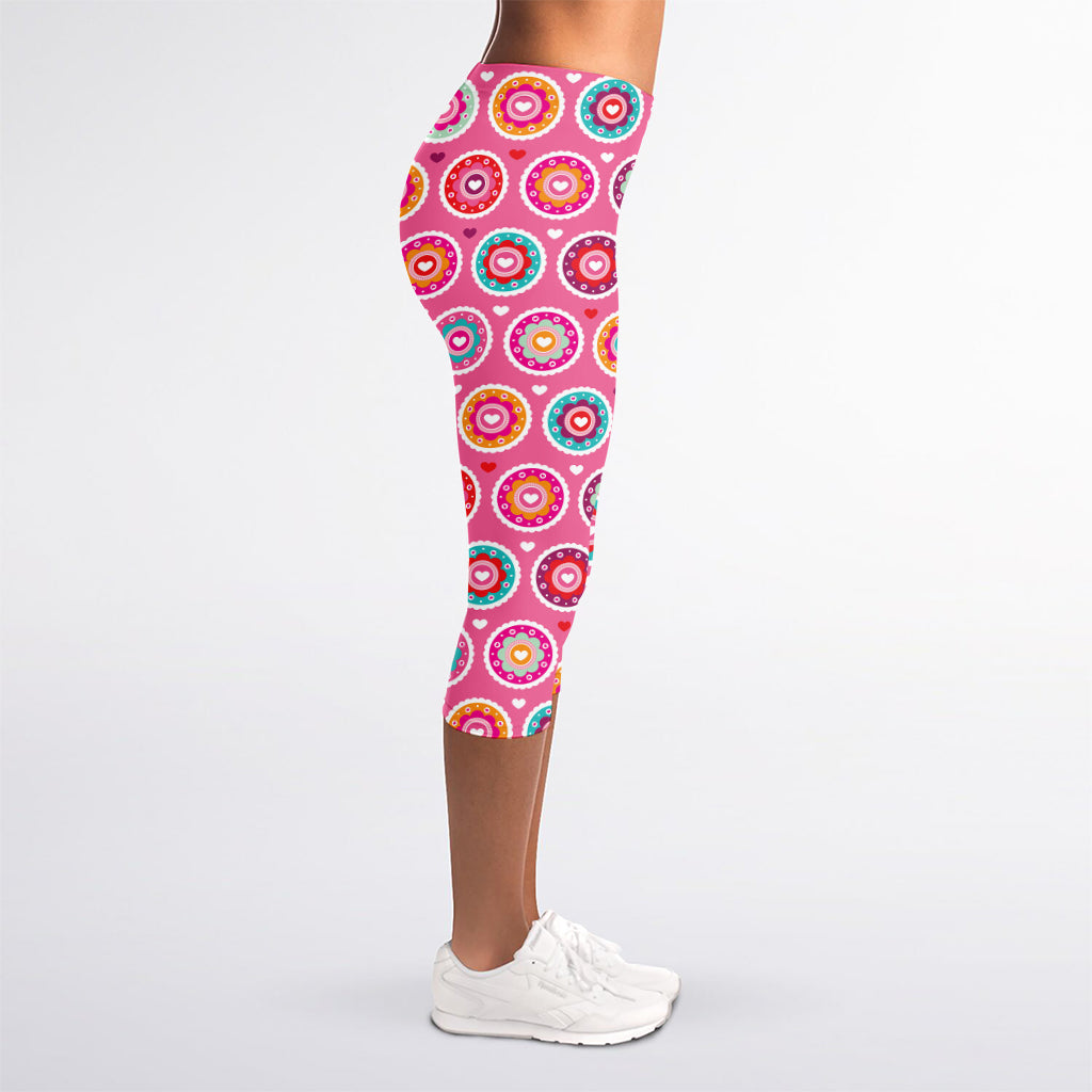 Pink Girly Flower Pattern Print Women's Capri Leggings