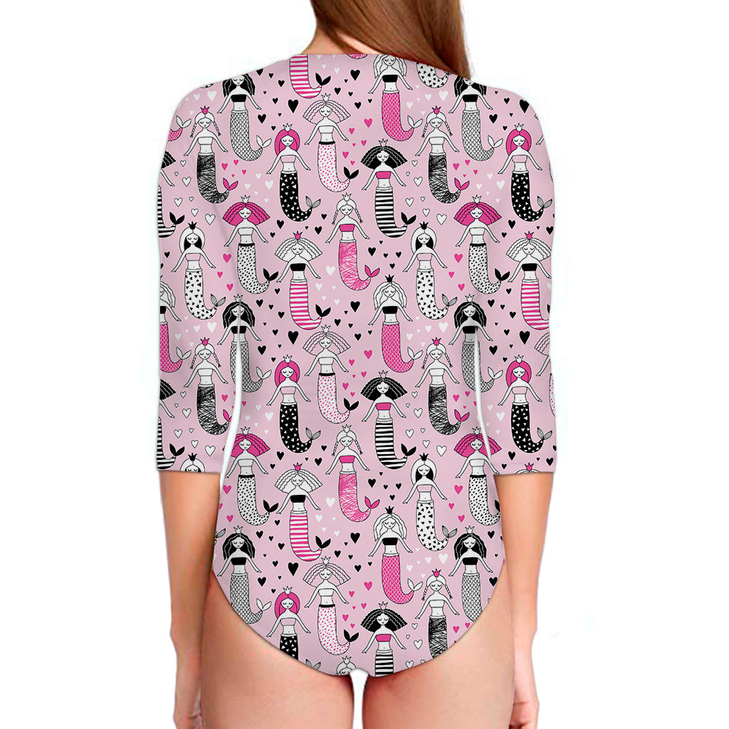 Pink Girly Mermaid Pattern Print Long Sleeve Swimsuit