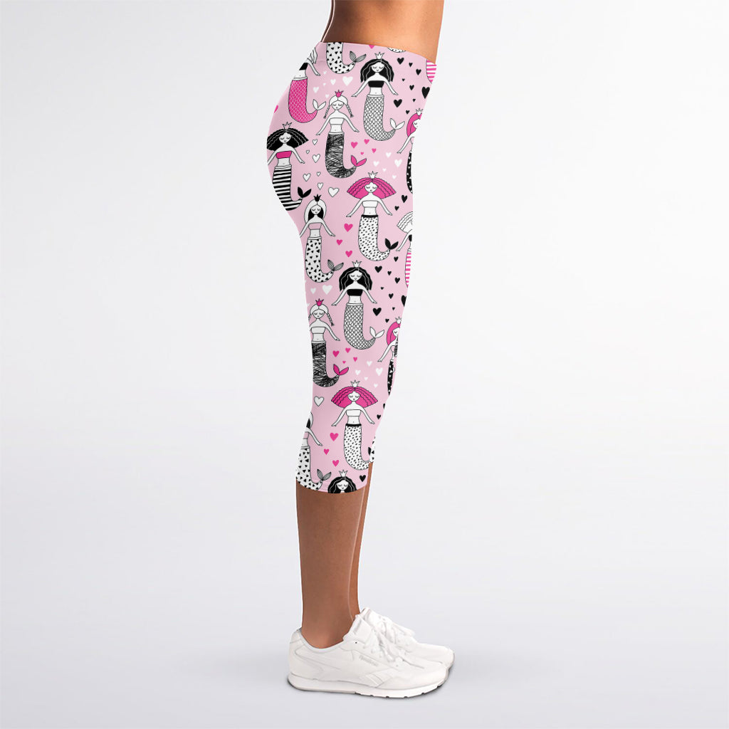 Pink Girly Mermaid Pattern Print Women's Capri Leggings