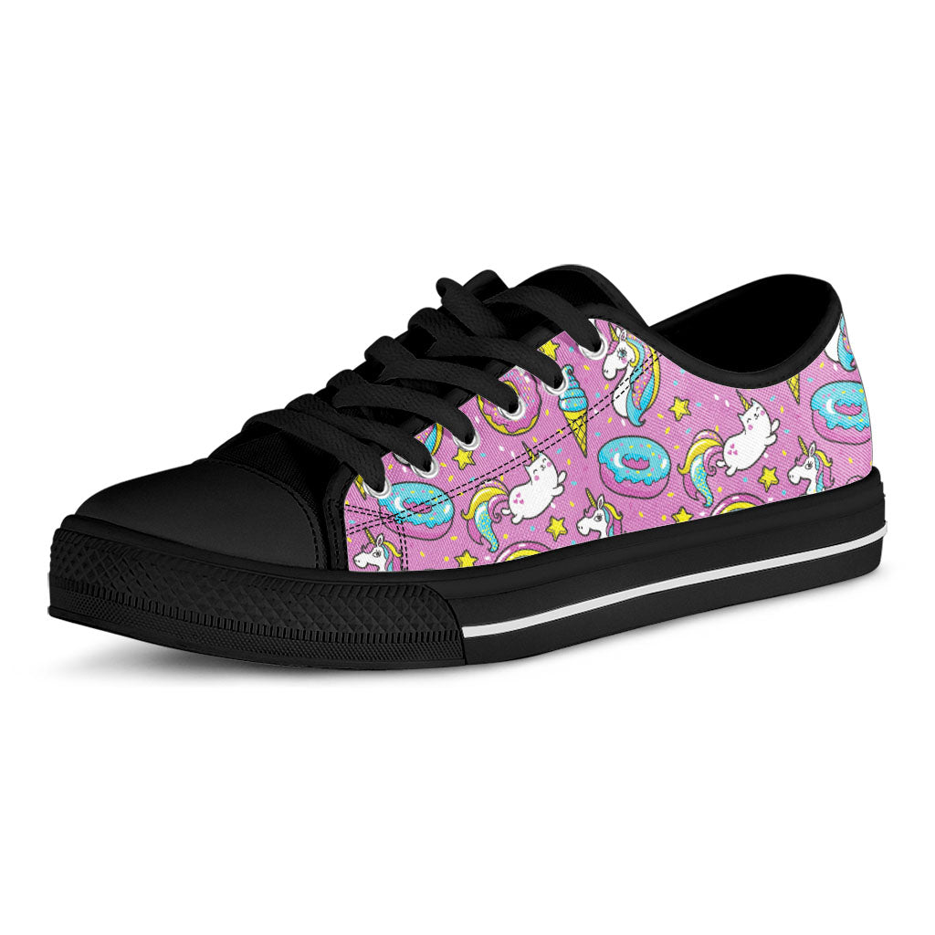 Pink Girly Unicorn Donut Pattern Print Black Low Top Sneakers