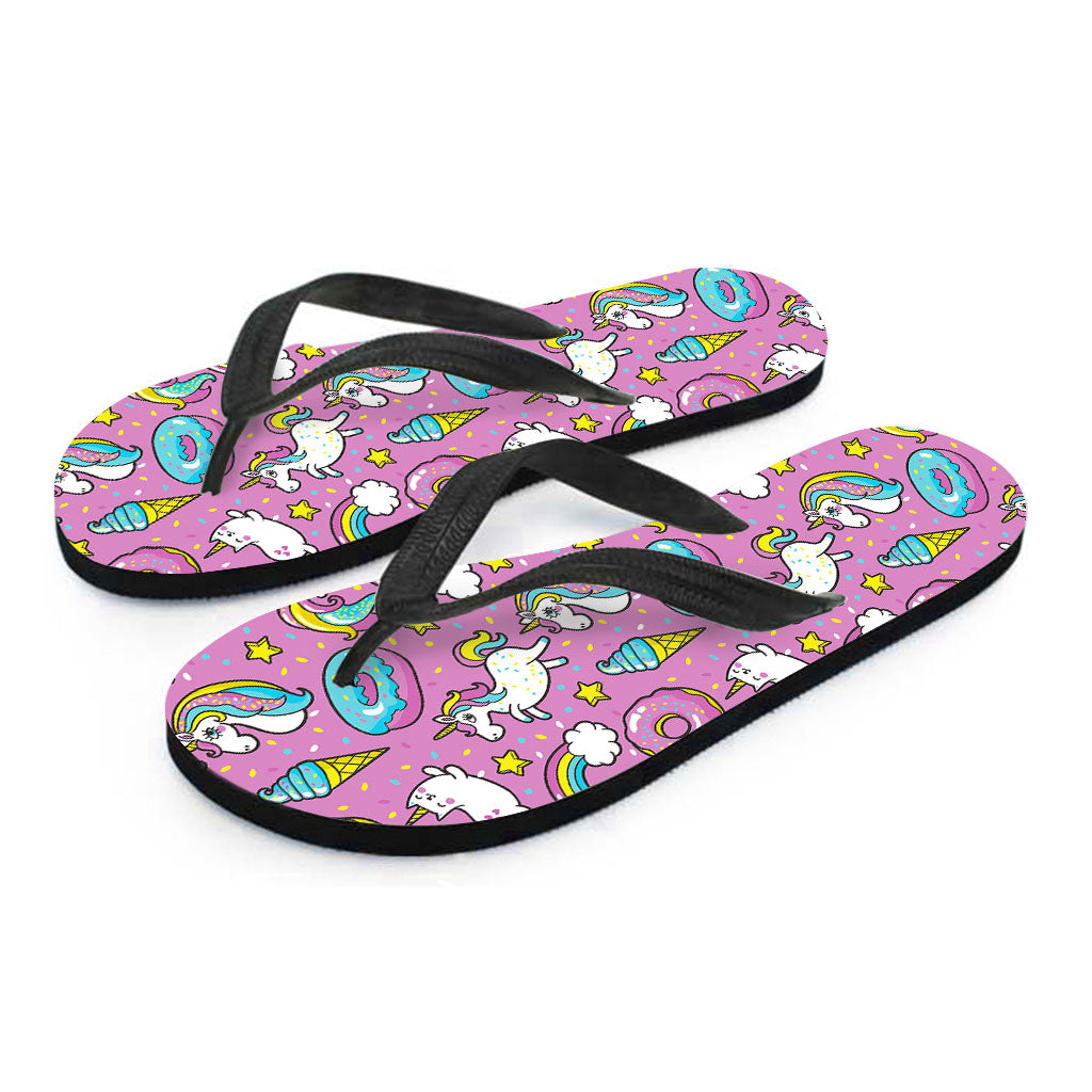 Pink Girly Unicorn Donut Pattern Print Flip Flops