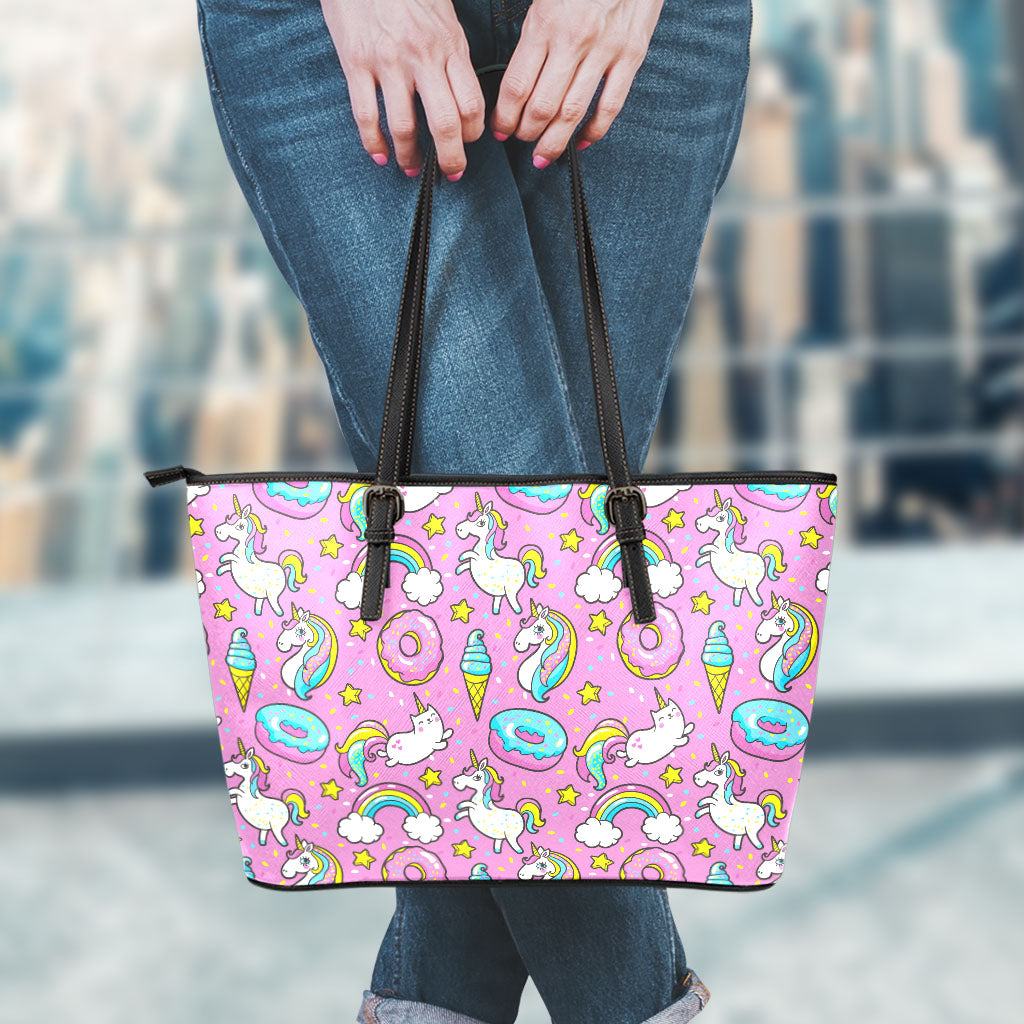 Pink Girly Unicorn Donut Pattern Print Leather Tote Bag