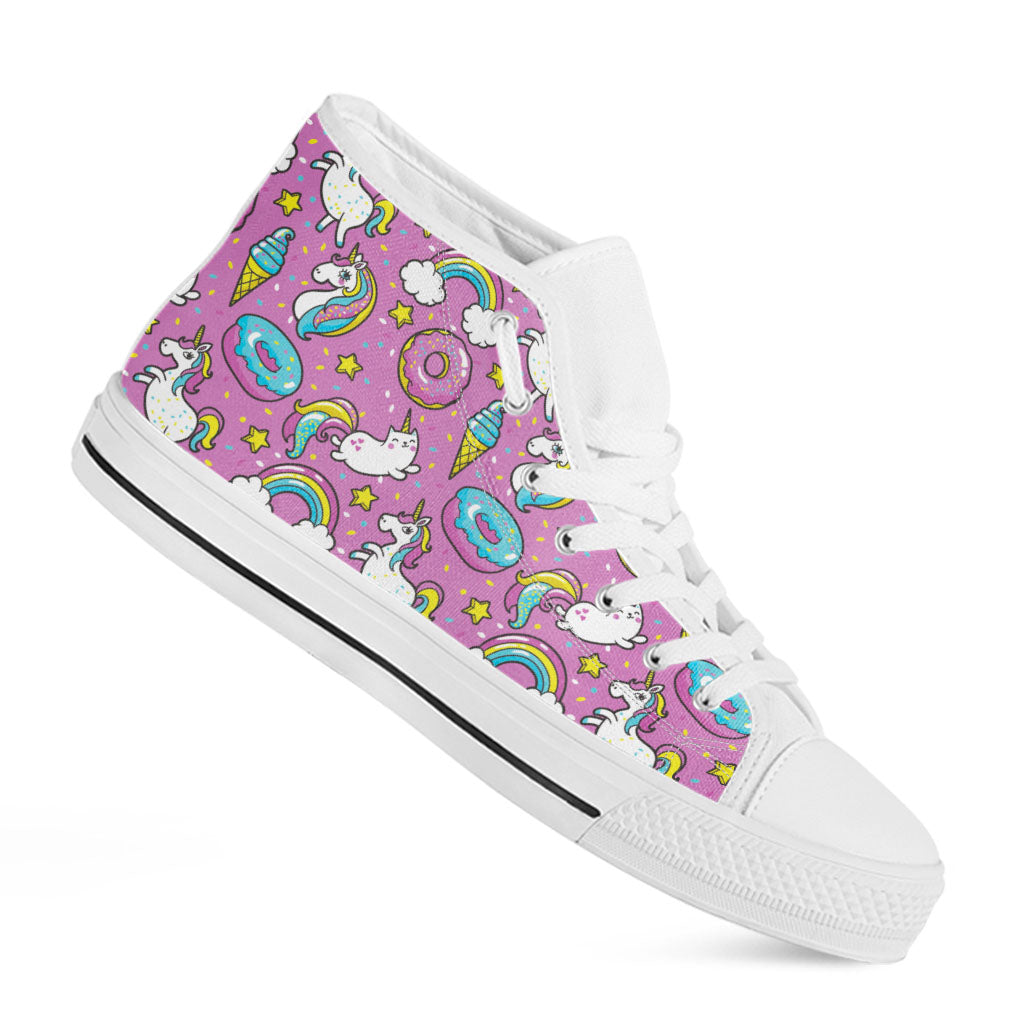 Pink Girly Unicorn Donut Pattern Print White High Top Sneakers