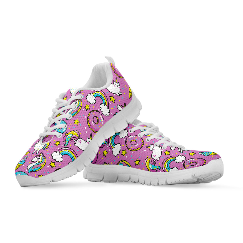 Pink Girly Unicorn Donut Pattern Print White Running Shoes